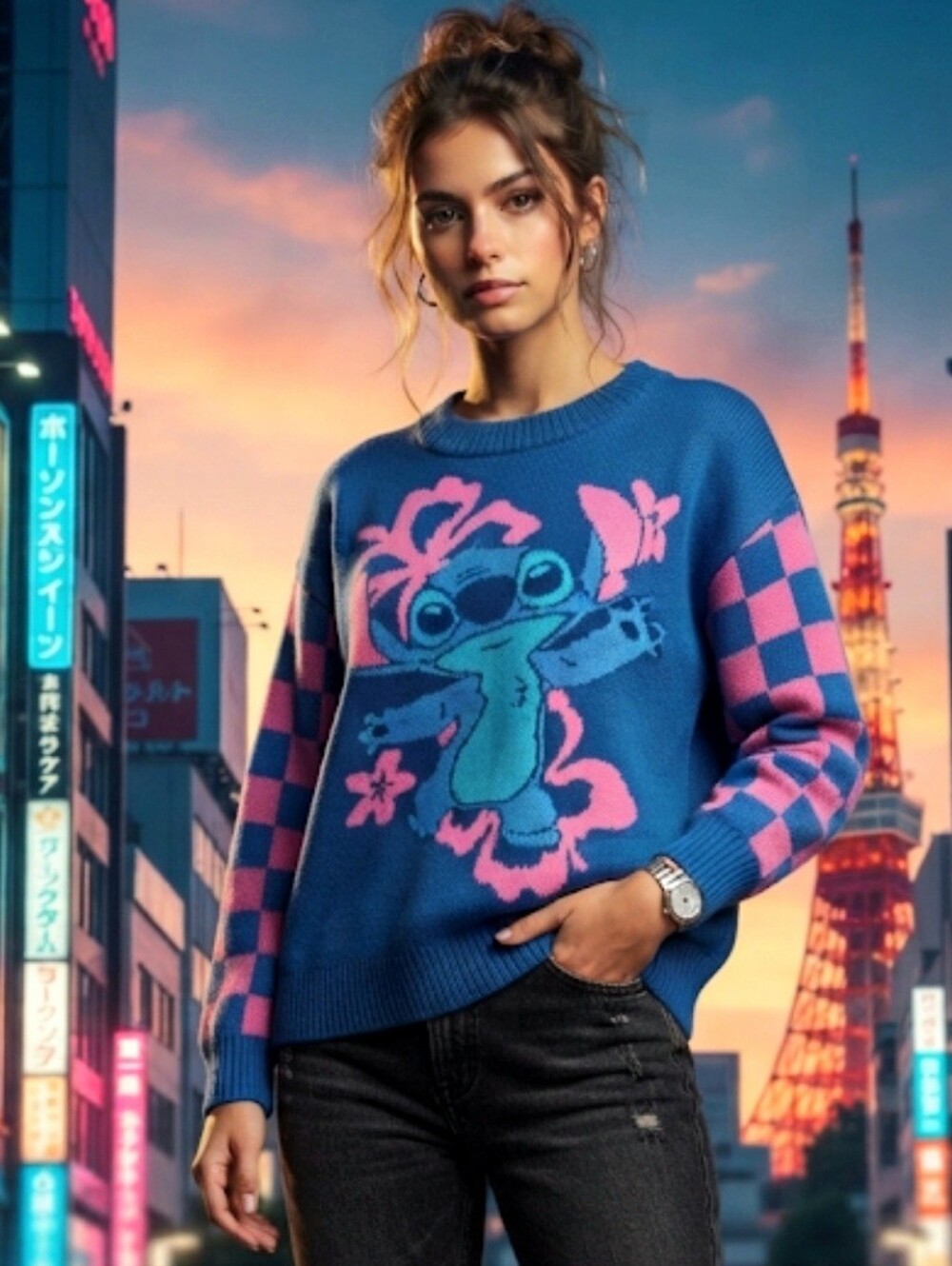Disney Lilo & Stitch Blue Pink Checkerboard Knit Sweater Pullover Medium NWT